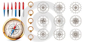 Realistic golden vintage compass with marine wind rose and cardinal directions of North, East, South, West. Shiny metal