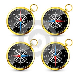 Realistic golden vintage compass with marine wind rose and cardinal directions of North, East, South, West. Shiny metal