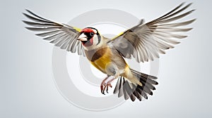 Realistic Goldfinch Flying Bird Illustration In Dimitry Roulland Style