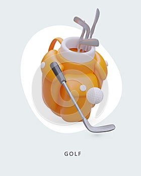 Realistic golf accessories. Bag with clubs, ball. Vertical vector poster