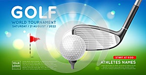 Realistic golf championship banner. Sport event, tournament poster, game invitational flyer, ball and stick, flag and hole, green