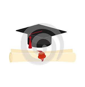 Realistic graduation cap and diploma scroll isolated on white background. Academic hat with tassel and university degree