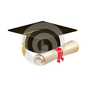 Realistic graduation cap and diploma scroll