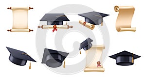 Realistic graduation hat and diploma. High school, college or university cap with bachelor degree scroll, academic