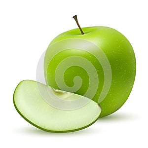 A realistic granny smith or green apple with a leaf and reflection