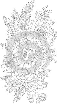 Realistic graphic peony flowers and roses bouquet with leaves and berries sketch template.