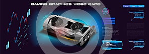 Realistic graphics card for computer.  Concept banner with a powerful video card for mining or video games. Video card layout in a