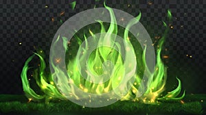 A realistic green fire border with burning flames, isolated on a transparent background. Bonfire blaze glowing effect