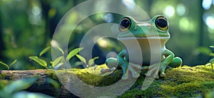Realistic green frog sitting on mossy log in lush forest environment