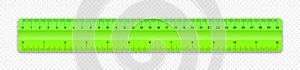 Realistic green plastic ruler with measurement scale and divisions, measure marks. School ruler, centimeter and inch