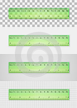 Realistic green plastic transparent ruler 15 centimeters