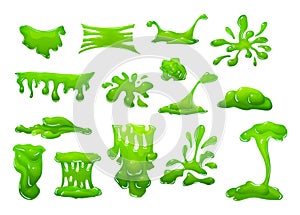 Realistic green slime in shape of dripping blob splashes smudges