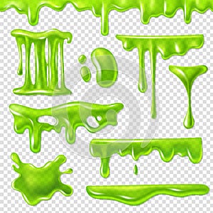 Realistic green slime. Slimy toxic blots, goo splashes and mucus smudges. Halloween liquid decoration borders 3d