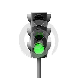 Realistic green traffic light with countdown. Traffic Laws. Isolated vector illustration