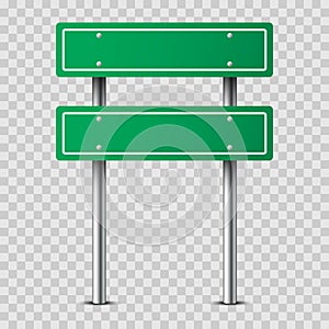 Realistic green traffic sign on metal pole isolated on transparent background