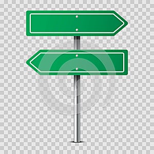 Realistic green traffic sign on metal pole isolated on transparent background. Blank traffic road empty sign