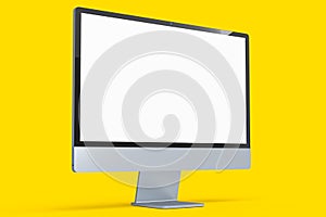 Realistic grey computer screen display isolated on yellow background.