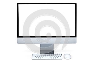 Realistic grey computer screen display with keyboard and mouse isolated on white