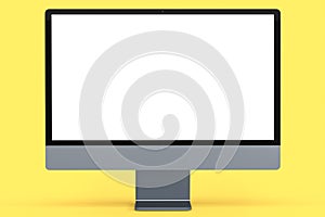 Realistic grey computer screen display with keyboard and mouse on yellow