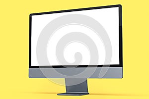 Realistic grey computer screen display with keyboard and mouse on yellow
