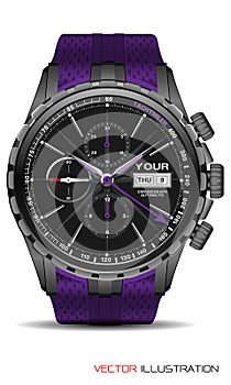 Realistic grey watch chronograph stainless steel purple rubber clockwise fashion for men design luxury isolated vector