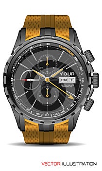 Realistic grey watch chronograph stainless steel yellow rubber clockwise fashion for men design luxury isolated vector