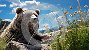 Realistic Grizzly Bear Resting In Unreal Engine Rendered Landscape