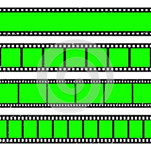 Realistic grunge film strip, camera roll. Old retro cinema movie strip with blank green chroma key background. Analog