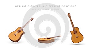 Realistic guitar, view from different sides. 3D stringed musical instrument on white background