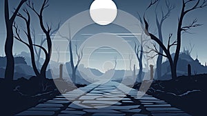 Realistic halloween background with creepy landscape of night sky fantasy forest in moonlight. AI illustration. game