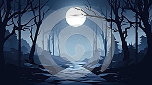 Realistic halloween background with creepy landscape of night sky fantasy forest in moonlight. AI illustration. game