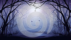 Realistic halloween background with creepy landscape of night sky fantasy forest in moonlight. AI illustration. game