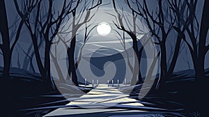 Realistic halloween background with creepy landscape of night sky fantasy forest in moonlight. AI illustration. game