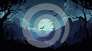 Realistic halloween background with creepy landscape of night sky fantasy forest in moonlight. AI illustration. game