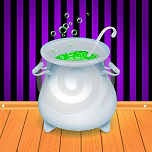 Realistic Halloween witch s cauldron pot with green bubbling witch s brew in it