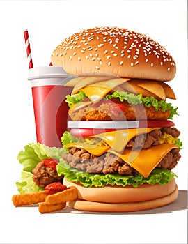 Realistic Hamburger with drink on white background. Classic Burger American Cheeseburger with Lettuce Tomato Onion Cheese Beef.