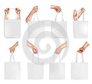 Realistic Hand With Bag Mockup Icon Set