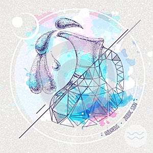 Realistic hand drawing and polygonal water jug illustration on watercolor background. Magic card with Aquarius zodiac sign