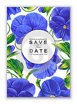 Realistic, hand drawn Blue Pansies template, wedding invitation, save the date.