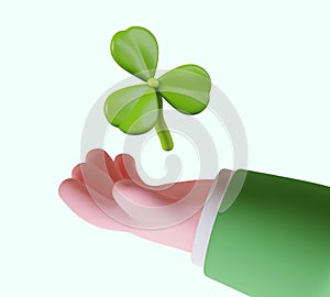 Realistic hand drawn green clover leaf. Colorful vector concept for St. Patrick Day, shamrock