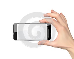 Realistic Hand holding mobile phone isolated on white background. Vector Illustration