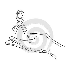 Realistic hand lending help showing with ribbon as a symbol ofworld cancer AIDS day. Hand drawn vector sketch illustration in