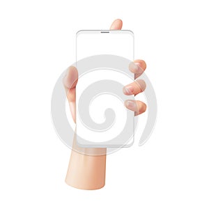 Realistic hand with phone. Woman holds smartphone with white blank screen, advertising on device template, gadget