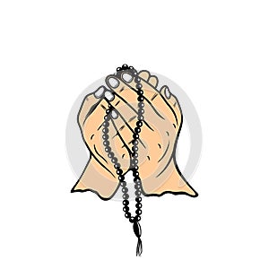 realistic hands looking up in prayer in Islam front view holding prayer beads vector illustration