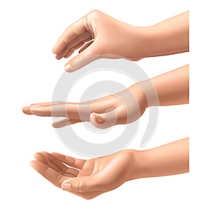 Realistic hands. Woman various gestures hand holding, extrusion and pressure fingers position, isolated human arm photo