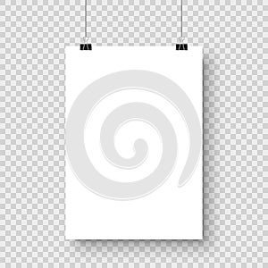 Realistic hanging blank paper sheet with shadow in A4 format and black paper clip, binder on checkered background