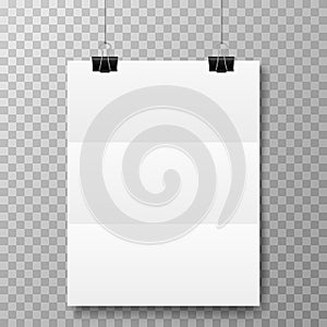 Realistic hanging blank paper sheet with shadow in A4 format and black paper clip, binder on gray background. Design poster,