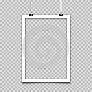 Realistic hanging empty photo card frame, film set. Retro vintage photograph. Digital snapshot image. Template or mockup