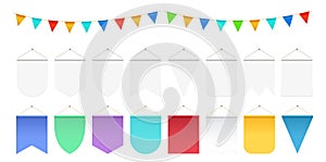 Realistic hanging flags. White pennant mockup, festival party flag banners. Isolated anniversary or ad decorations