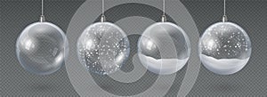 Realistic hanging glass christmas balls empty and with snow. 3d xmas tree decoration, transparent crystal sphere with